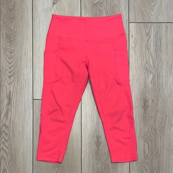 Vibrant Coral High-Waist Capri Leggings with Side Pockets Yoga Tights - Picture 1 of 7